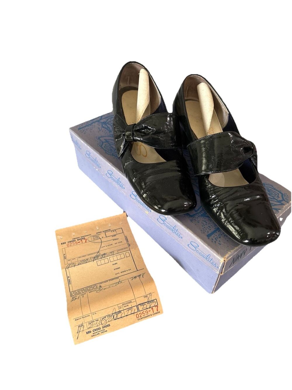 Vintage 60s Socialites Patent Mary Jane Heels Sz 7 Narrow w Box & Org Receipt 